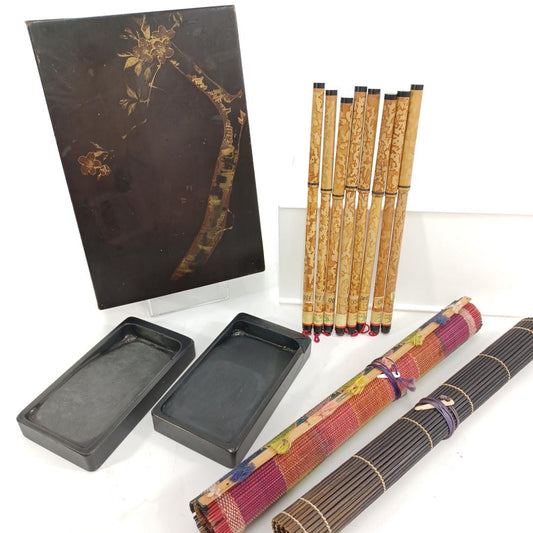Used Traditional Japanese Calligraphy Painting Brush Set of 7 Small Bamboo Natural Hair Ink Stone Case Urushi Lacquer Box Roll