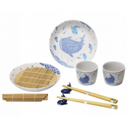 New Whale Shark Mino Ware Soba Noodle Bowl Set of 10 Japanese Ceramic Dinnerware Set Microwave & Dishwasher Safe Made in Japan Gift Set