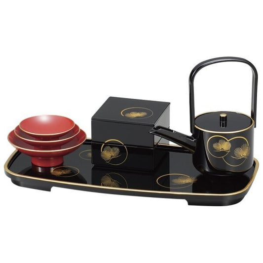 New Japanese Sake Decanter Set Korin Matsu Pine Design Toso Set with Mini Bento Box for New Year Celebration Lacquerware Made in Japan