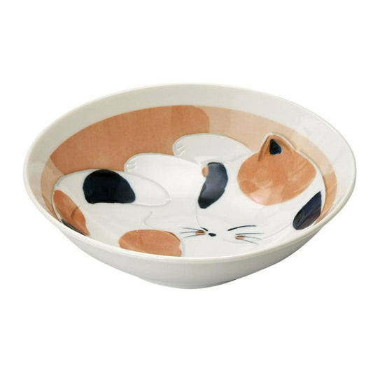 New Cute Sleeping Cat Shallow Bowl Apricot Color Mino Ware Japanese Ceramic Napping Cat Pasta Salad Bowl Microwave Dishwasher Safe Japan