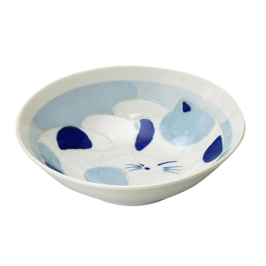 New Cute Sleeping Cat Shallow Bowl Baby Blue Mino Ware Japanese Ceramic Napping Cat Pasta Salad Bowl Microwave Dishwasher Safe Made in Japan