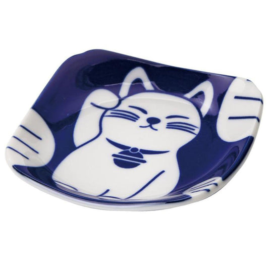 New Japanese Lucky Cat Small Square Plate Indigo Blue Aizome Mino Ware Ceramic Maneki Neko Fortune Cat Soy Sauce Dish Made in Japan