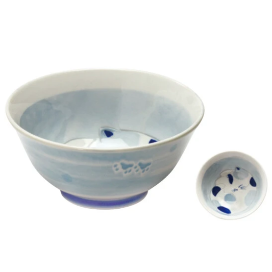 Japanese Donburi Bowl Sleeping Cat Baby Blue Mino Ware Ceramic Small Noodle Bowl Cute Kitten Design Made in Japan Microwave Dishwasher Safe