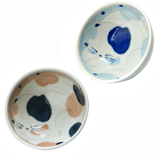 Pair Set Lightweight Japanese Rice Bowls Sleeping Cat Apricot & Baby Blue Mino Ware Cute Kitten Ceramic Cereal Bowls Made in Japan New
