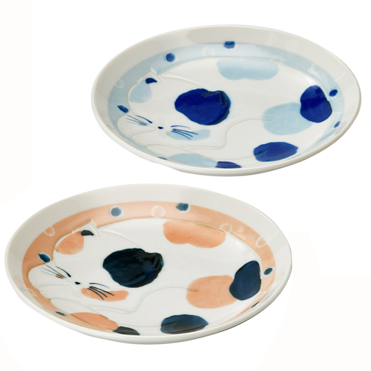 Pair Set 2 Japanese Dessert Plates Sleeping Cat Apricot & Baby Blue Mino Ware Cute Kitten Ceramic Salad Plates Made in Japan New 6.3in