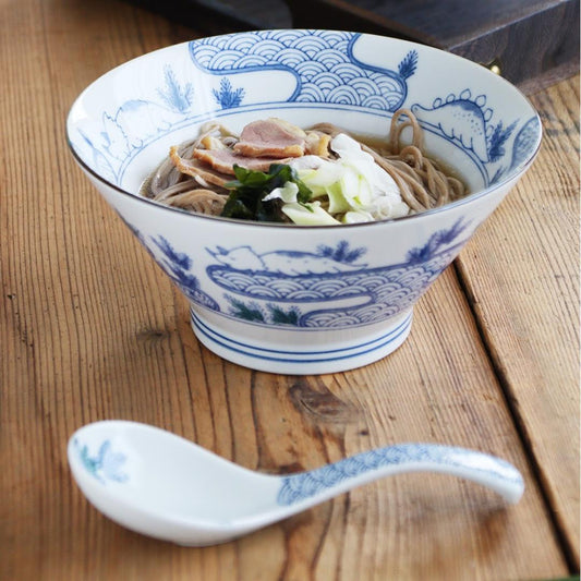 New Japanese Ramen Bowl and Spoon Set Dinosaur Pattern Mino Ware Pottery Ceramic Noodle Bowl Microwave Dishwasher Safe Made in Japan