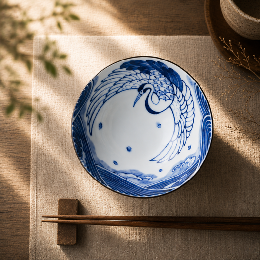 Japanese Crane Rice Bowl – Blue and White Porcelain Chawan, Made in Japan