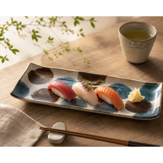 Awasaka Mino Ware Long Rectangular Plates, Brush Blue Japanese Tableware Set, Wabi Sabi Serving Dish