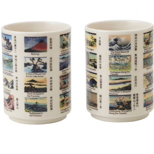 Hokusai Tea Cup Set, Thirty-Six Views of Mount Fuji Porcelain Pair