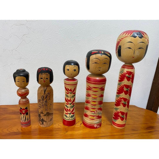 Used Vintage Japanese Kokeshi Dolls Set of 5 Traditional Hand Painted Folk Art Tōgatta Naruko Tsugaru Wood Craft Signed by Famous Artists