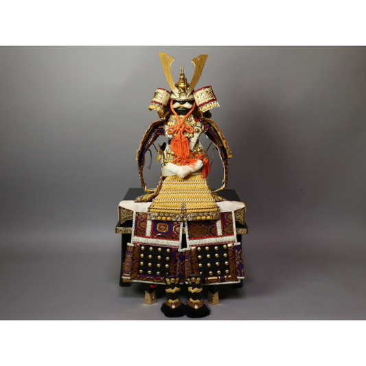 Used Extra Large Japanese Samurai Armor Set Miniature Yoroi Kabuto Helmet with Wooden Trunk 33 inch Tall Boys Day Decor Traditional Japan