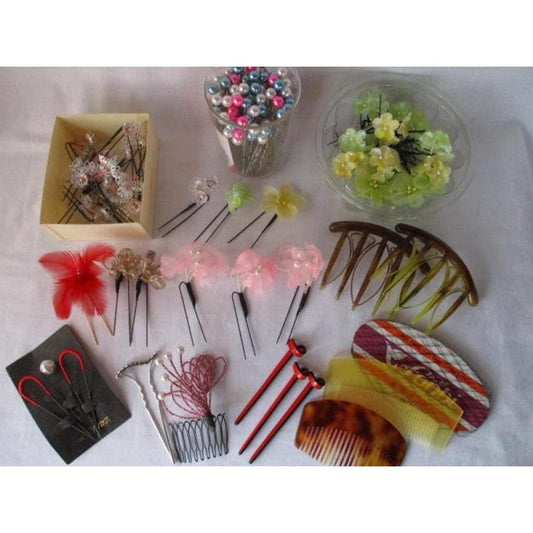 Used Japanese Traditional Hair Accessories Bulk Lot Kanzashi Combs Flower Pins 71 Pearlized Pins Retro Kimono Ornaments Set for Hairstyling