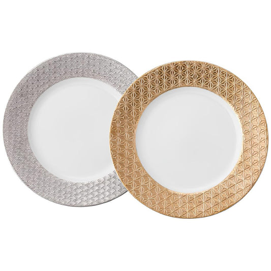 New Oda Pottery "Kichijo Zipangu" Pair of Platinum & 24K Gold-Rimmed Dinner Plates Asanoha Seigaiha Mino Ware