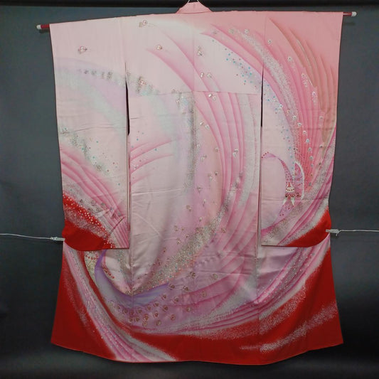 Used Japanese Furisode Kimono Silk Pink Red Gradient Silver Glitter Waves Pattern Wedding Coming of Age Seijin Shiki Formal Textile Art
