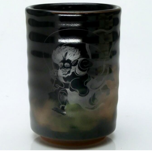 Fujin & Raijin Japanese Tea Cup, Emerald Cloud Yunomi Porcelain Gift Made in Japan