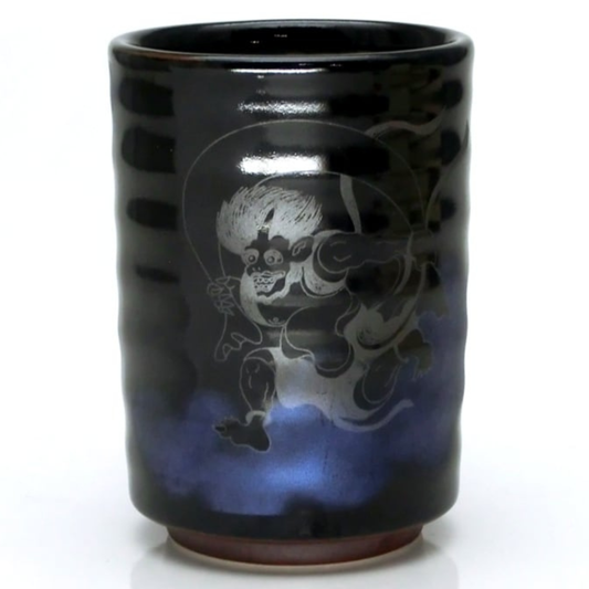 Fujin & Raijin Japanese Tea Cup, Indigo Cloud Yunomi Porcelain Gift Made in Japan