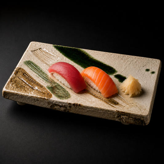 Japanese Ceramic Sushi Plate, Hand Carved Sogi Tray, Artisan Pottery Serveware from Japan