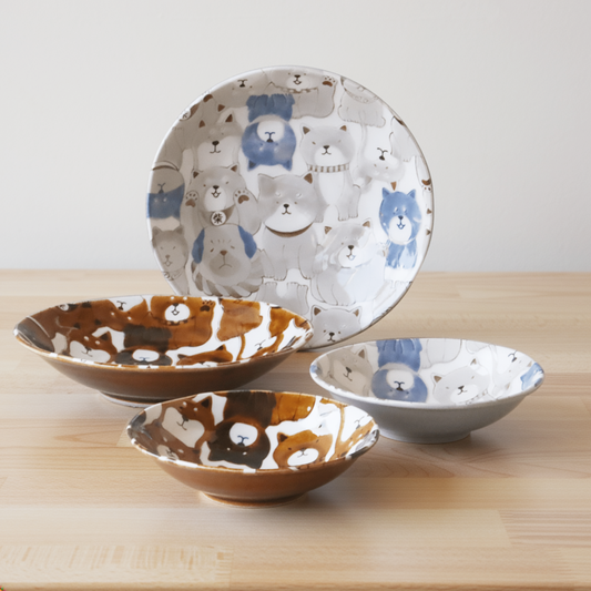 Japanese Dog Design Dinnerware Set of 4 Minoyaki Porcelain Bowls & Deep Plates Curry Dish 8.7 in Japan Shiba Inu Akita Microwave Safe