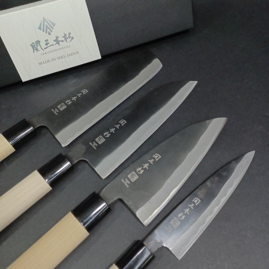Japanese Kuro-uchi Kitchen Knife Set 4pcs Nakiri Santoku Deba Koyanagi