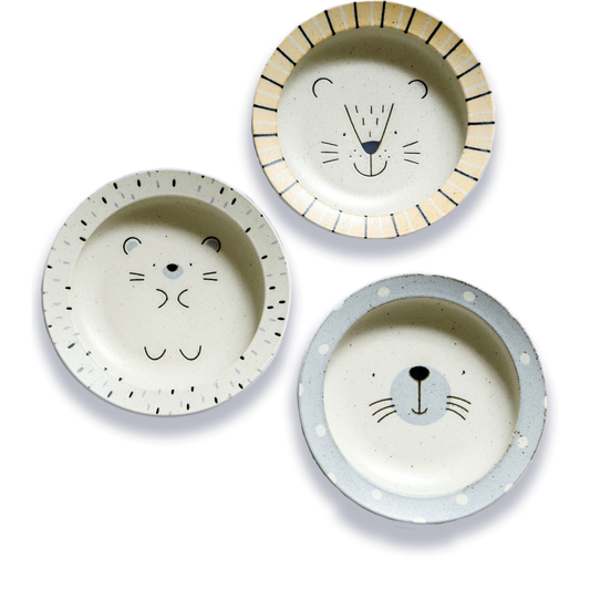 Japanese Mogu Mogu Lunch Minoyaki Porcelain Deep Bowls Set of 3 Trio Lion Hedgehog Seal Design 8.9 in Microwave Dishwasher Safe Gift