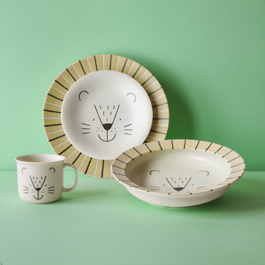 Japanese Lion Design Porcelain Dinner Starting Set of 4 Minoyaki Large Plate Deep Bowl & Mug 9.3 in Dish Microwave Dishwasher Safe Gift