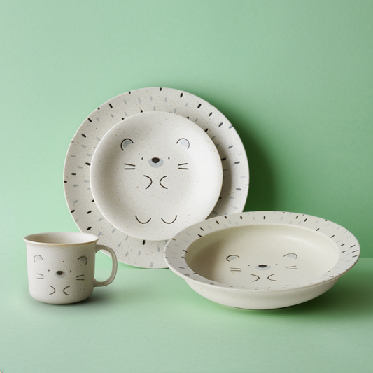 Japanese Hedgehog Design Porcelain Dinner Starting Set of 4 Minoyaki Large Plate Deep Bowl & Mug 9.3 in Dish Microwave Dishwasher Safe Gift