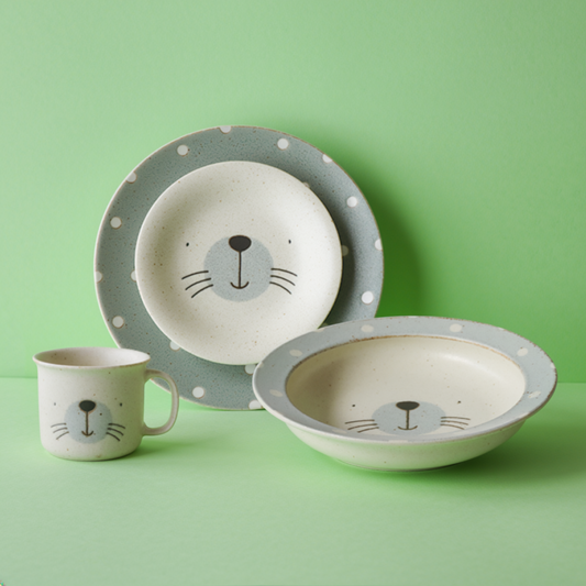 Japanese Spotted Seal Dinner Starting Set of 4 Minoyaki Porcelain Plates Deep Bowl & Mug 9.3 in Dish Microwave Dishwasher Safe Gift