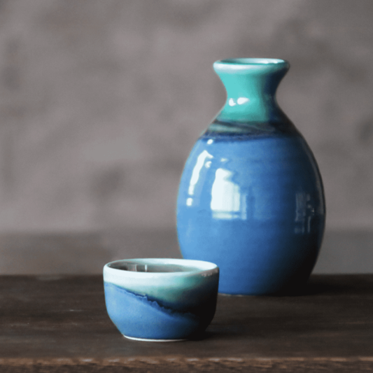 Japanese Kinyo Blue Crackle Sake Set of 3 Tokkuri Decanter & 2 Guinomi Cups 4.9 in Pottery Microwave Dishwasher Safe Gift for Him