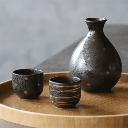 Japanese Gold Hand-Painted Sake Set of 3 Tokkuri Decanter & 2 Guinomi Cups 4.7 in Porcelain Microwave Dishwasher Safe Gift for Him
