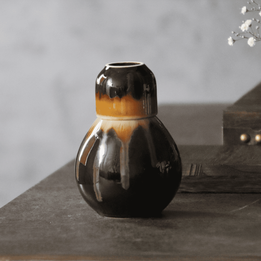 New Japanese Yellow Glaze Sake Set 3 Piece Tokkuri Decanter & 2 Cups Modern Minimalist Porcelain Microwave Dishwasher Safe Made in Japan