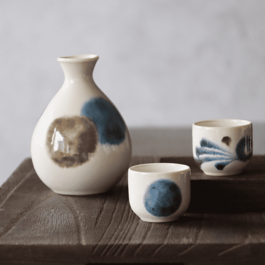 New Japanese Fude-ao Blue Sake Set 3 Piece Tokkuri Decanter & 2 Guinomi Cups Porcelain Microwave Dishwasher Safe Made in Japan Gift for Him