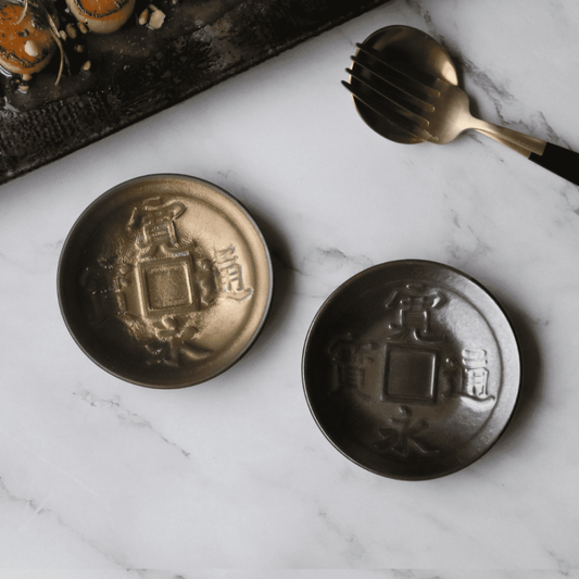 New Japanese Ancient Coin Design Small Plates Pair Kanei Tsuho Edo Period Style 3.5 in Porcelain with Wooden Box Microwave Dishwasher Safe