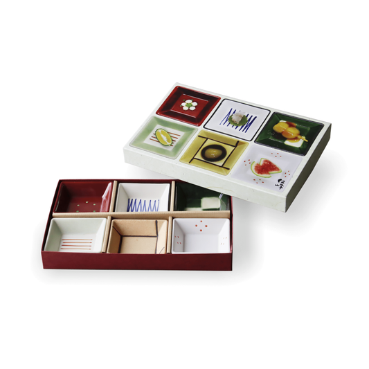 Japanese Wazen Square Small Bowl Set of 6 Hand Painted Porcelain Appetizer Dishes for Soy Sauce & Condiments Made in Japan Modern Style New