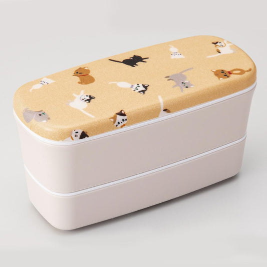New Japanese Cat Nekomamire 2 Tier Bento Lunch Box with Chopsticks Fabric Wrapped Resin Microwave & Dishwasher Safe Kawaii Made in Japan