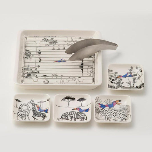 NEW &Bird Fried Food Dish Set with Drainer Rack and Tongs Porcelain Serving Platter plus 4 Small Plates Made in Japan Tempura Server Set