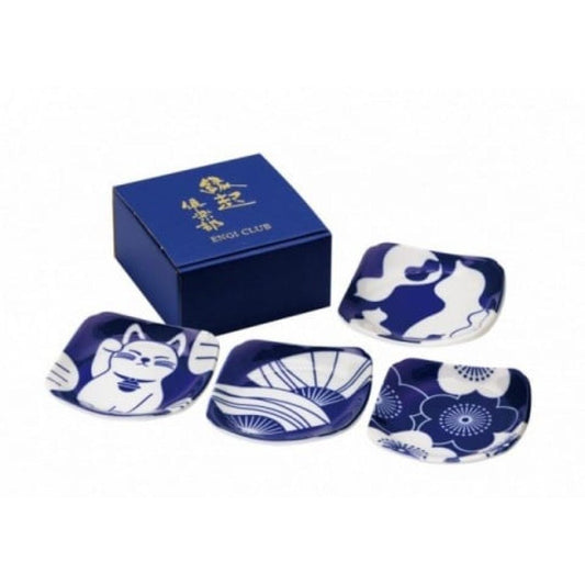 New Japanese Lucky Charm Indigo Blue Square Plate Set of 4 Mino Ware Ceramic Small Plate Lucky Cat Maneki Neko Microwave Dishwasher Safe