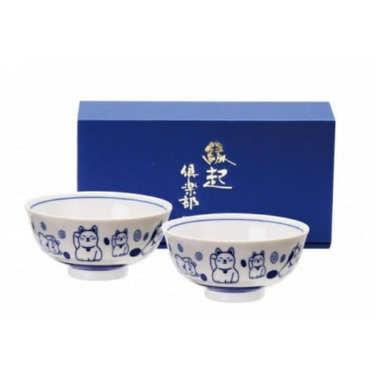 New Japanese Lucky Cat Maneki Neko Rice Bowl Set of 2 Mino Ware Indigo Blue Ceramic Prosperity Gift Microwave and Dishwasher Safe Japan