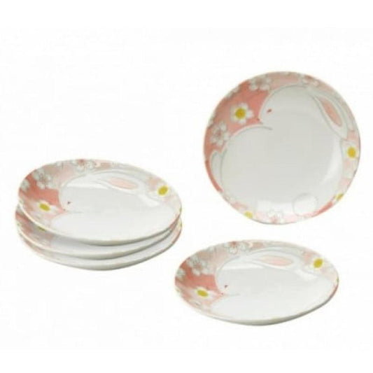 New Japanese Lucky Rabbit Mino Ware Appetizer Plate Set of 5 Ceramic Small Plates Microwave and Dishwasher Safe Made in Japan Gift Set