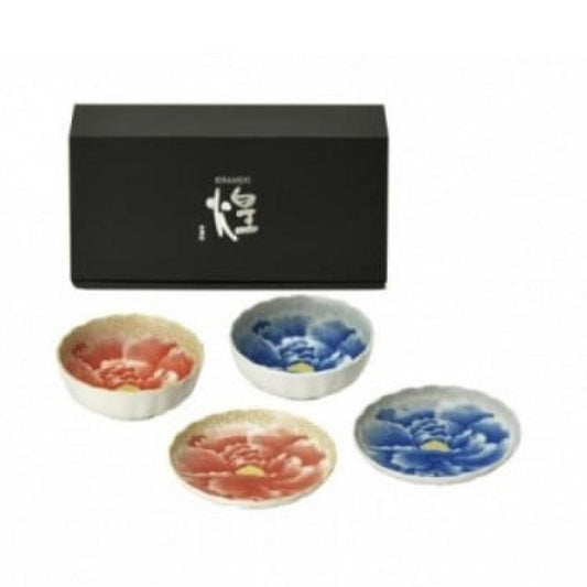 New Japanese Momoyama Peony Flower Bowl and Plate Set of 4 Mino Ware Ceramic Dessert Set Microwave and Dishwasher Safe Made in Japan