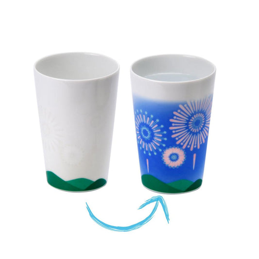 New Japanese Color Changing Glass Fireworks Hidden Design Appears with Cold Drink Mino Ware Ceramic Tumbler 11oz Made in Japan Unique Gift