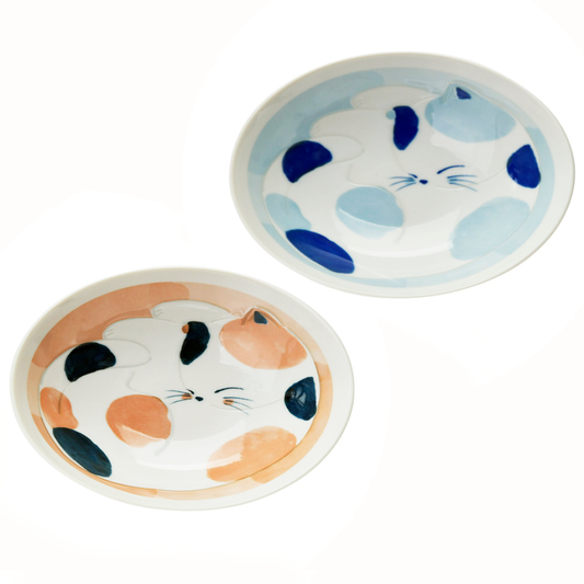 Pair Set 2 Japanese Small Plates Sleeping Cat Apricot & Baby Blue Mino Ware Cute Kitten Ceramic Appetizer Plates Made in Japan New