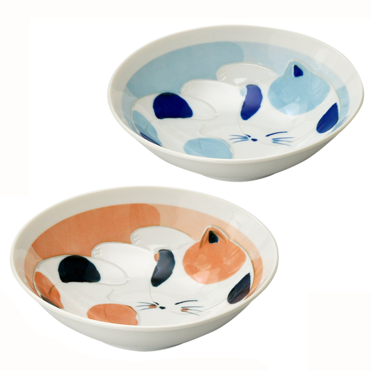 Pair Set 2 Japanese Shallow Bowls Sleeping Cat Apricot & Baby Blue Mino Ware Cute Kitten Ceramic Pasta Salad Bowls Made in Japan New 6.7