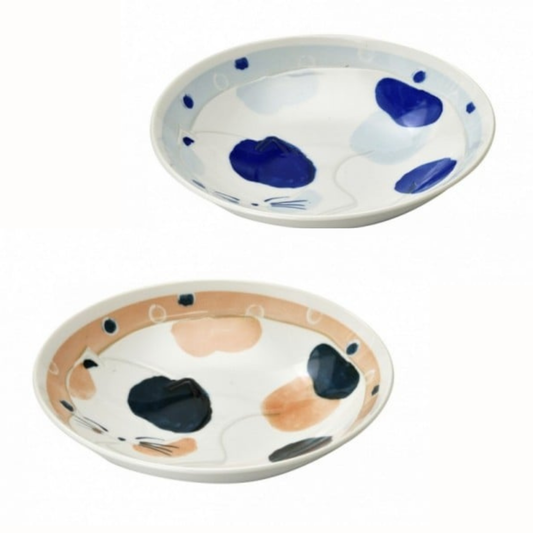 New Japanese Sleeping Cat Mino Ware Deep Plate Set of 2 Apricot and Baby Blue Pastel Ceramic Pasta Bowl Microwave Dishwasher Safe Japan