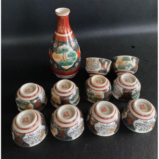 Used Japanese Kutani Yaki Aotsubu Sake Set Tokkuri Carafe & 10 Ochoko Cups Vintage 11pc 5.9in Tall