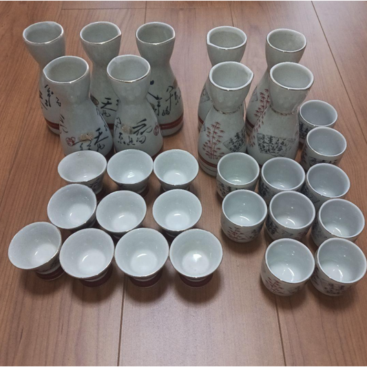 Used Massive Japanese Sake Set Lot 9 Tokkuri Carafes & 20 Ochoko Cups Gold Rim Ceramic Vtg 29pc Set