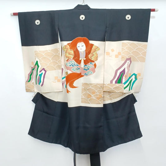 Used Vintage Kids' Silk Kimono Shichi-Go-San Garment Japanese Child's Wear Height 39.4 in (100cm) Waist 13.0 in (33cm) Gift