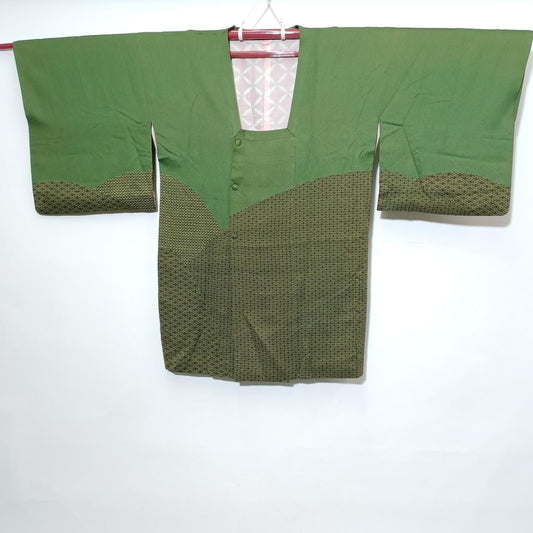 Used Vintage Michiyuki Coat Short Kimono Silk or Poly Matcha Green Japanese Outerwear Height 36.2 in (92cm) Waist 22.8 in (58cm)