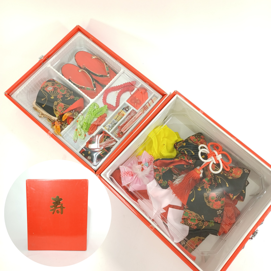 Used Vintage Shichigosan Accessory Set Japan Luxury 1980s Crane Fan Zori with Hidden Bells & Pre-Tied Obi Formal Kimono Ensemble