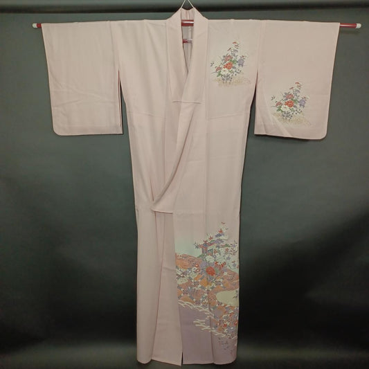 Used Vintage Japanese Silk Kimono Long Length 64.6 in (164cm) Waist Width 23.2 in (59cm) Traditional Robe Women's Wear Asian Garment