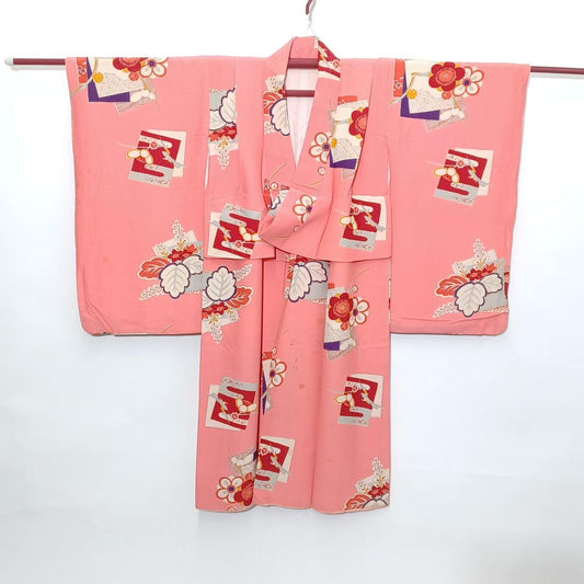 Used Vintage Silk Kimono for Kids Remake Material Japanese Traditional Wear Fabric Craft Projects Height 44.5 in (113cm) Lot